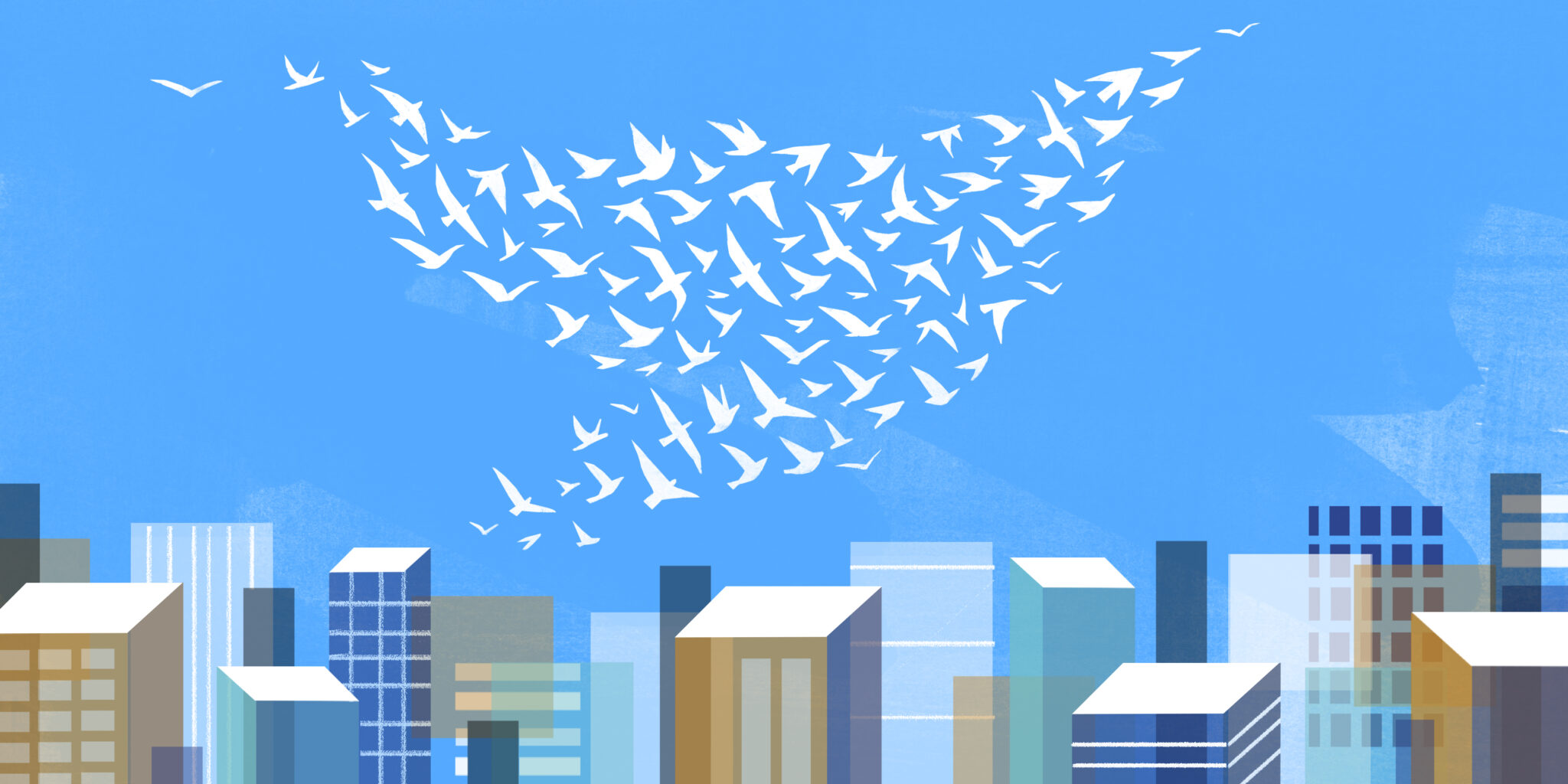 The principles of complexity, as depicted through a city landscape and a flock of birds.