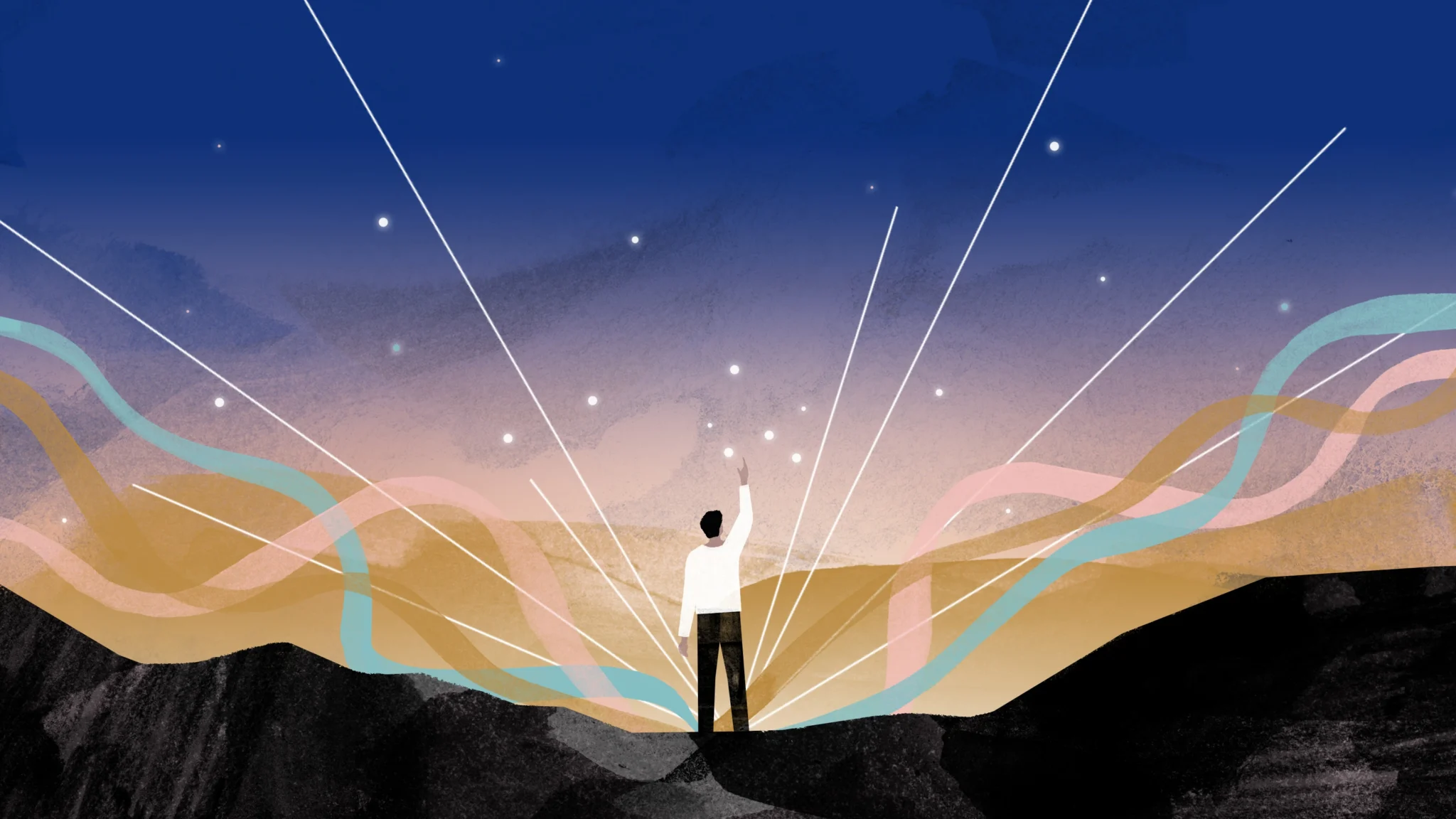 Illustration of a person touching the stars in the sky
