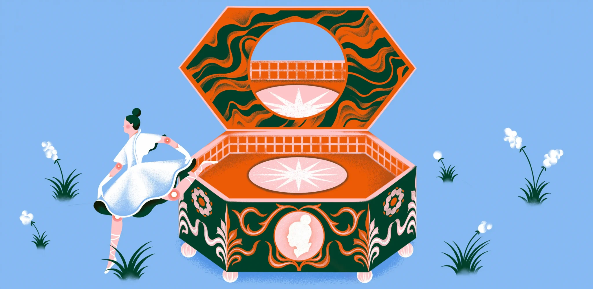 Illustration of a ballerina stepping out of jewelry box