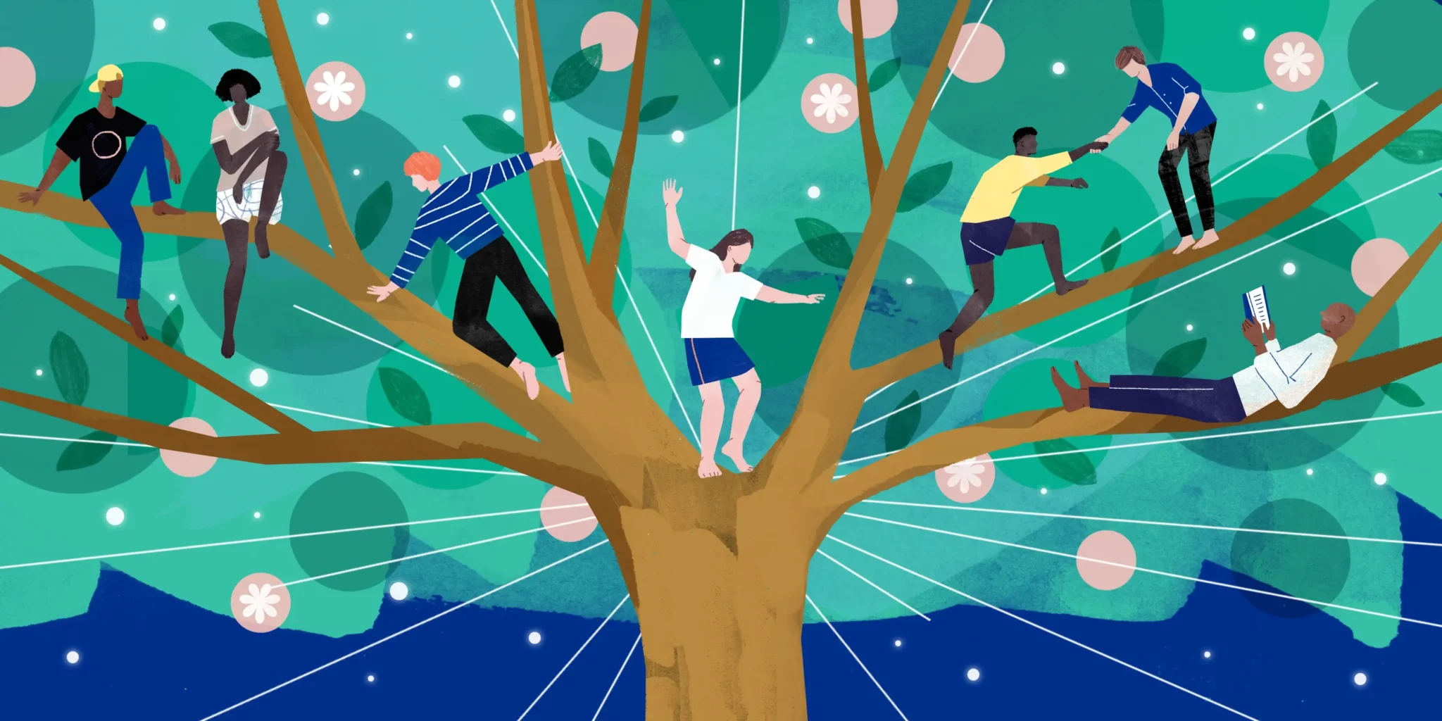 Illustration of people climbing, sitting, and walking on the branches of a tree