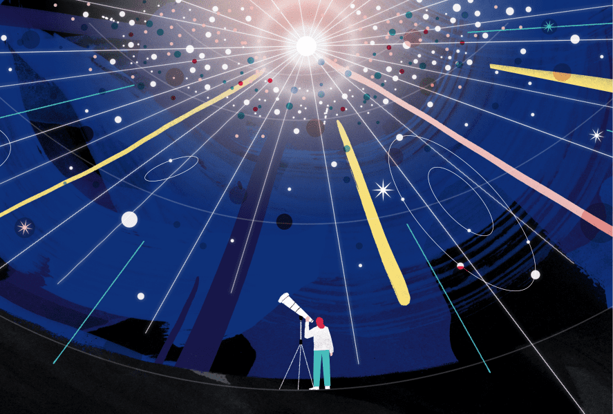 Illutration of a person looking up at the night sky of stars with their telescopes