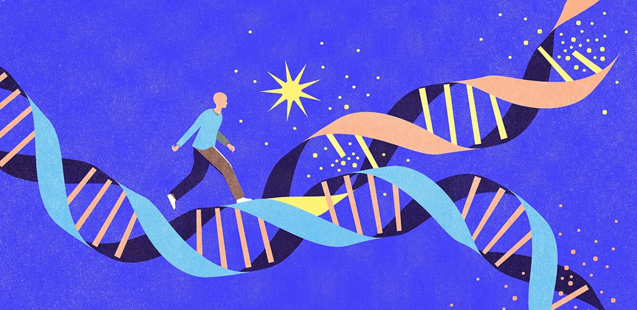 Illustration of a person walking on DNA strands