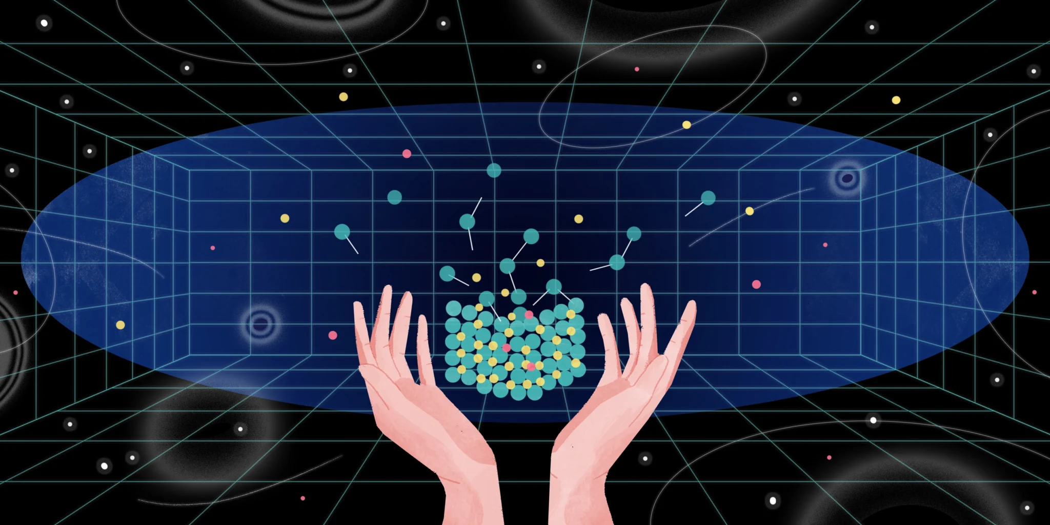 Illustration of hands holding molecules