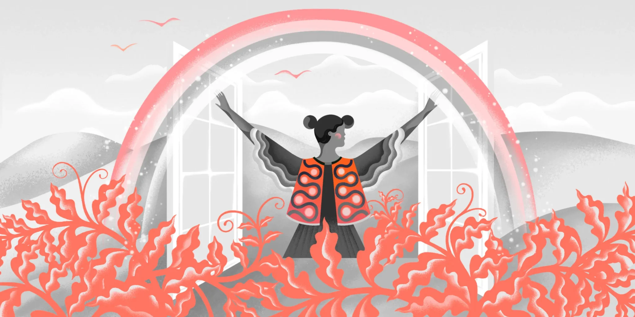 Illustration of woman opening windows with a two toned rainbow and red flowers around her