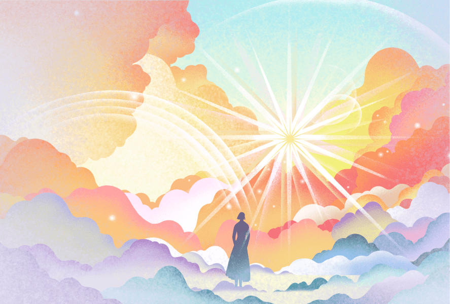 Illustration of a person standing on clouds looking up at the sun