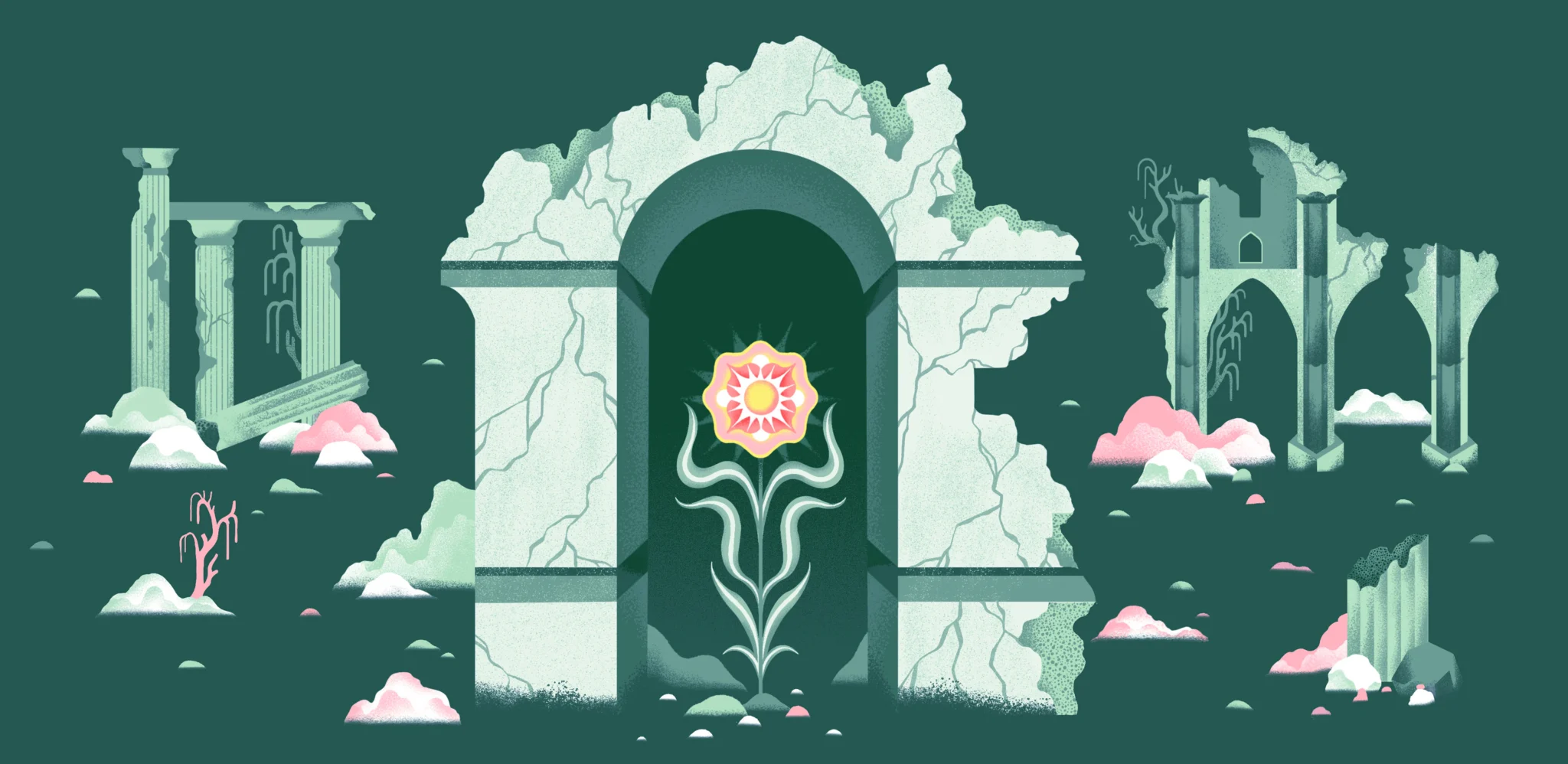 Illustration of a flower under a destroyed arch-way